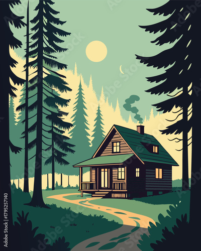 Cabin in forest with moonlit sky