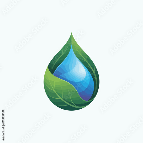 Green leaf embracing a clear blue water drop symbolizing nature and purity