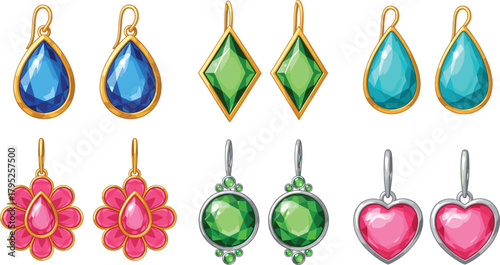 Vector Illustration Set of Luxury Gemstone Earrings: Featuring Detailed Gold and Silver Jewelry with Teardrop, Diamond, Round, and Heart-Shaped Stones in Blue, Green, and Pink