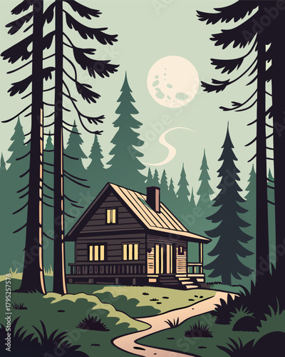 Cabin in forest under moonlight with path
