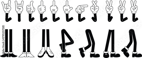 Illustration of cartoon body parts hands showing different gestures and legs in various poses, perfect for animation or illustration projects