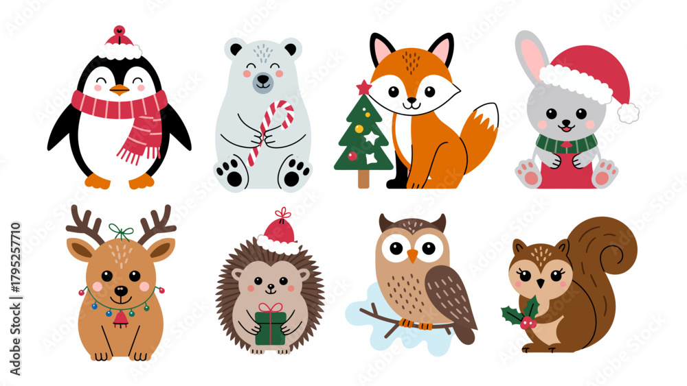Fototapeta premium Holiday Animal Collection: Charming collection of festive animals ready to spread holiday cheer. Perfect for greeting cards, invitations, or digital designs.