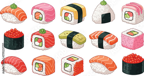 Large Vector Set of Sushi and Japanese Food: Detailed Illustrations of Nigiri, Maki Rolls, Salmon Roe Gunkan, and Rice Balls, Ideal for Asian Cuisine and Restaurant Menus