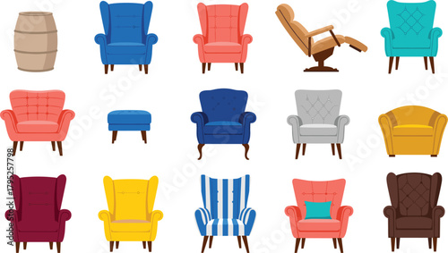 Large Vector Set of Colorful Armchairs and Seating Furniture: Flat Cartoon Illustrations of Wingback Chairs, Recliners, and Ottomans for Interior Design and Home Decoration Concepts