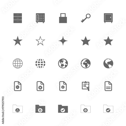 Collection of diverse monochrome icons representing global symbols, documents, folders, travel elements, leisure activities, and functional interface graphics for versatile design use.