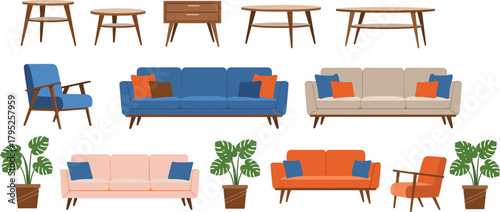 Vector Illustration Set of Mid-Century Modern Furniture: Featuring Sofas, Armchairs, Coffee Tables, and Potted Monstera Plants, Ideal for Interior Design and Home Decor