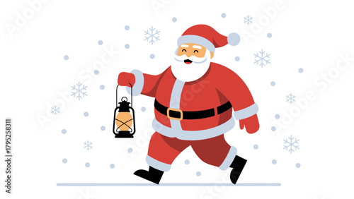 Santa's Christmas Journey: Santa Claus, filled with festive cheer, embarks on his annual Christmas mission, holding a lantern as he strides through a whimsical winter landscape. 