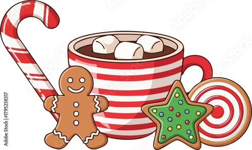 A festive still life of a cup of hot chocolate with marshmallows surrounded by Christmas treats including a candy cane gingerbread man star-shaped cookie and peppermint candy on a clean