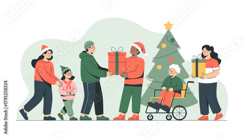 Sharing Festive Cheer: A heartwarming scene unfolds as a group of people, each touched by the season's spirit, exchange gifts with smiles, symbolizing unity and goodwill. 