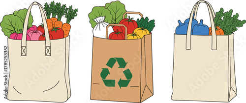 Vector Set of Shopping Bags Filled with Groceries: Eco-Friendly Canvas Tote Bags and Paper Bag with Recycle Symbol Containing Fresh Fruits and Vegetables