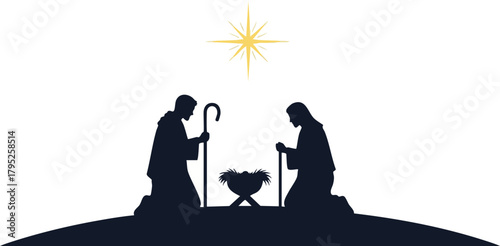 Silhouette of Mary, Joseph, and baby Jesus in a manger under a star, with a Christmas theme on a white background.