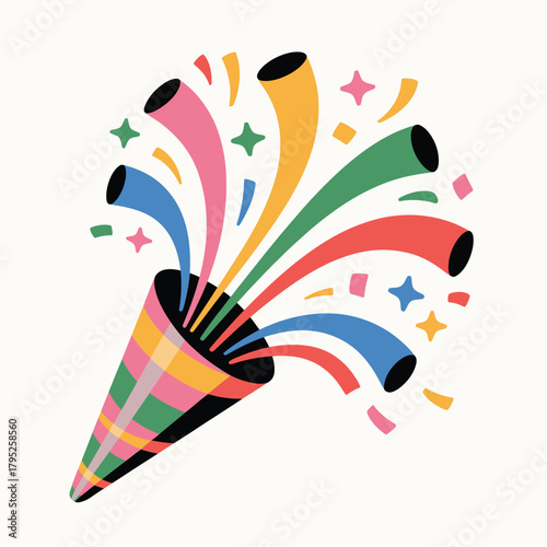 Colorful party popper exploding with confetti and streamers