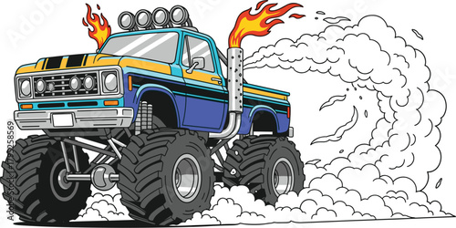 Illustration of a blue monster truck with flames coming from the exhaust and smoke billowing out the truck has large tires and a powerful engine