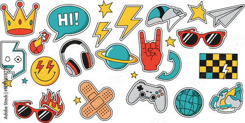 Illustration of seamless pattern with fashion patch badges with crown, skateboard, skull, planet, headphones, sunglasses, gamepad vector stickers, pins, patches in cartoon 80s90s comic style