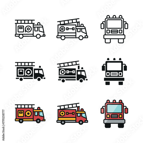 Fire truck emergency set icon in line glyph and color outline vector style collection
