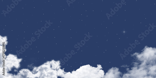 Night sky. Clouds with snowflakes and stars. Christmas star. Moon at night