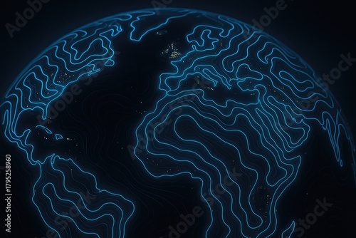 Global map topographic lines glow neon blue over dark Earth with city lights.