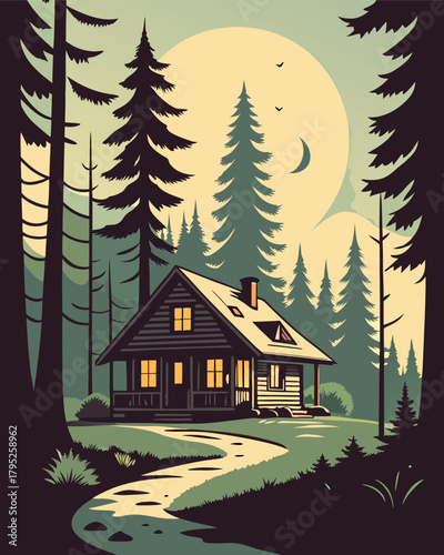 Cabin in forest under moonlight with tall trees