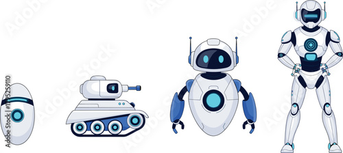 Vector Illustration Set of Robot Evolution and Upgrade: Showing Futuristic Drones, Tank Bots, Hover-Bots, and Advanced Humanoid Androids in White and Blue, Representing Technology and AI