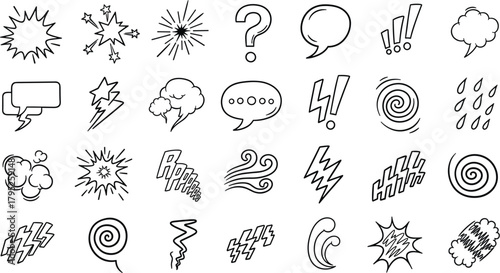 Illustration of a collection of handdrawn comic speech bubbles and effects, includes question marks, exclamation points, and various shapes