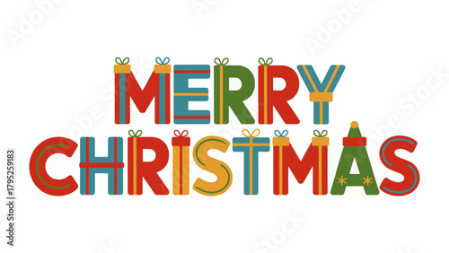 Joyful Christmas Typography: A festive greeting of Merry Christmas spelled out with colorful letters, each creatively adorned with the spirit of the holiday season.