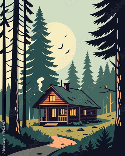 Cabin in forest with moonlit sky