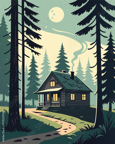 Cozy cabin in forest with moonlit night sky