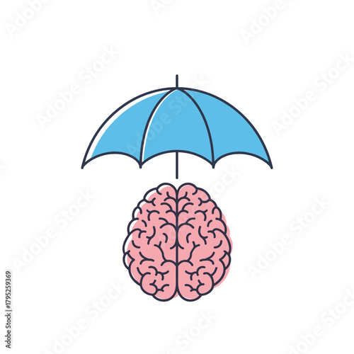Brain protected by blue umbrella in minimalistic design  