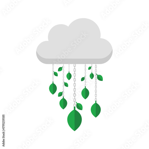 Cloud with green leaves hanging down on white background  