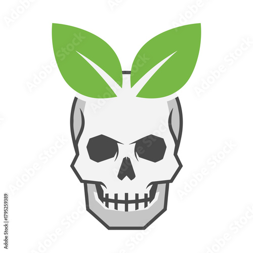 Skull graphic with green leaves symbolizing nature and renewal  