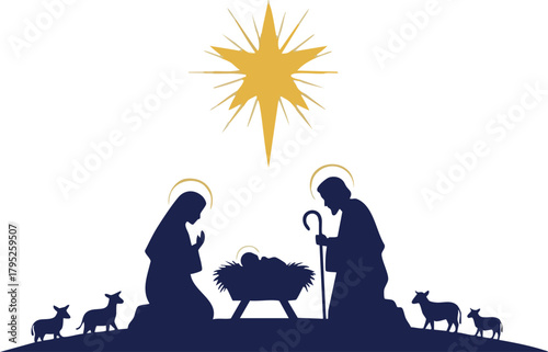 Silhouette of Mary, Joseph, and baby Jesus in a manger with sheep and a star above, against a clean white background with a Christmas theme.