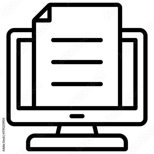 Digital Document Outline Icon Design Vector - document displayed on a computer monitor representing digital files, online reading, and virtual paperwork