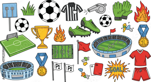 Illustration of a vibrant collection of soccer essentials, featuring a ball, trophy, stadium, and more, all set against an for clarity and focus