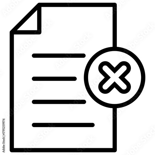 Document Rejected Outline Icon Design Vector - document marked with an X symbol, representing rejection, denial, or an invalid file