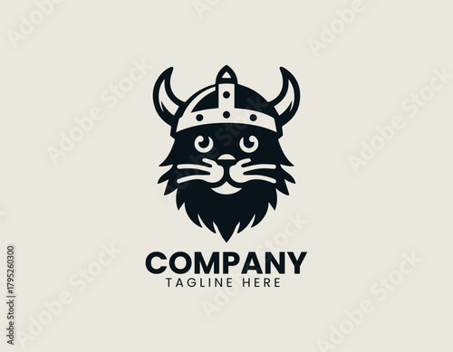 Viking cat holds strong stance wearing helmet in bold heroic logo design