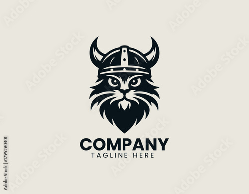 Viking cat holds strong stance wearing helmet in bold heroic logo design