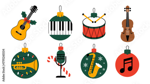 Festive Musical Ornaments: A vibrant collection of unique Christmas ornaments, each adorned with a musical instrument, evoking a symphony of holiday cheer. 