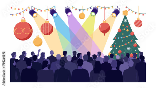 Celebratory Gathering: Animated people gather beneath festive lighting and decorations, celebrating holidays and joy, embodying the spirit of community and togetherness.