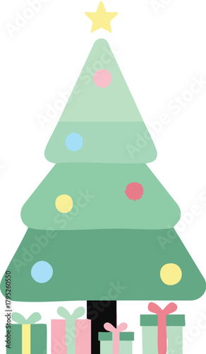 Wallpaper Mural Flat illustration of a green Christmas tree with colorful ornaments and gifts on a plain white background with a cup of chocolate nearby. Torontodigital.ca