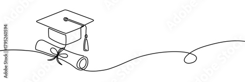 Graduation cap and diploma certificate single continuous line art style. Minimalist education concept on white background for academic, university, and achievement themes