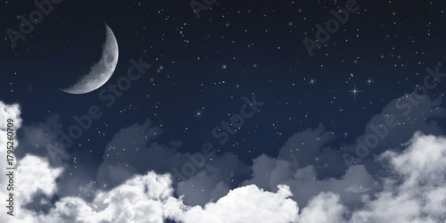 Night sky. Clouds with snowflakes and stars. Christmas star. Moon at night