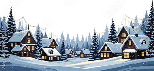 A serene winter village scene with snow-covered houses and trees, featuring a cup of chocolate on a background with Christmas elements, including a deer and Santa, in a vector illustration.