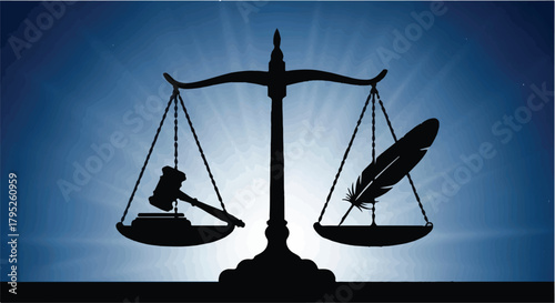 Symbol of justice balances gavel against feather on scales