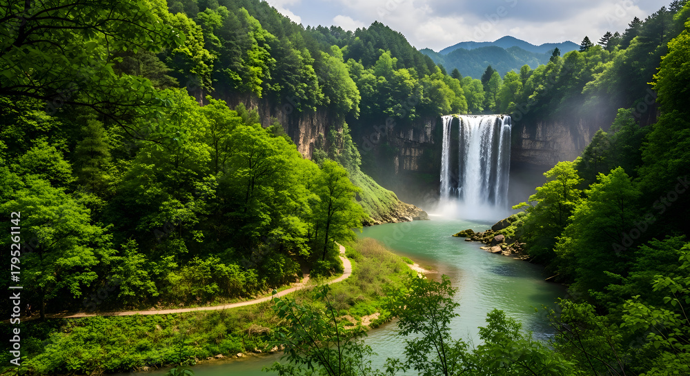 Fototapeta premium Majestic waterfall cascades through lush green forest valley
