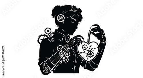 Steampunk inventor with gears and goggles holds a mechanical heart with intricate clockwork details.