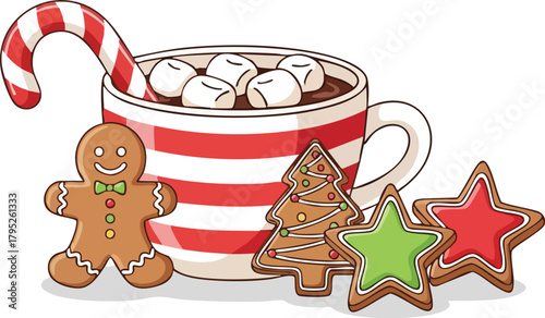 A festive holiday still life with a mug of hot chocolate, marshmallows, and Christmas treats including a gingerbread man, tree cookie, and star-shaped cookies on a clean white background.