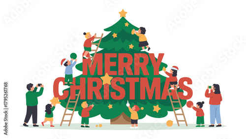 Christmas Cheer: A heartwarming illustration of a festive scene. Children and families work together, decorating the big christmas tree.