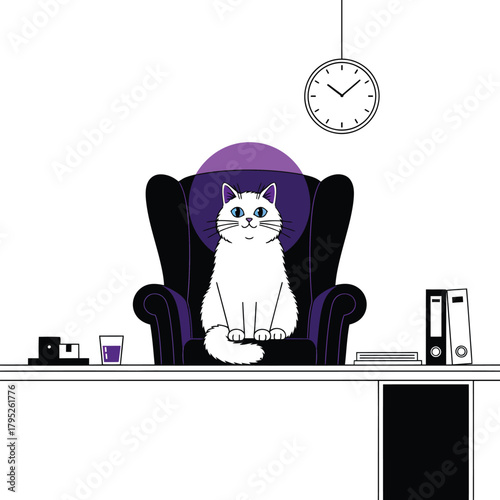 White cat boss sitting in chair illustration office desk clock work eps silhouette