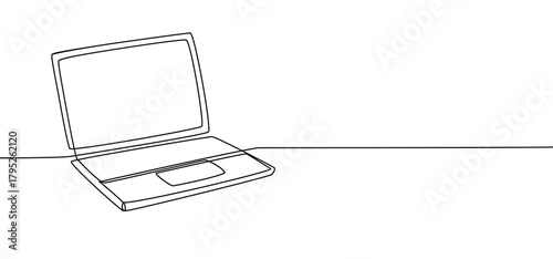 Laptop minimalist single continuous one line art style on white background for education; programming; learning; online shoping; office work