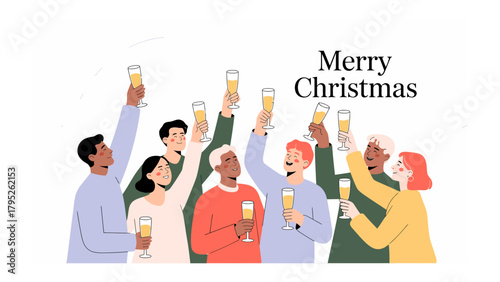 Celebration Toast at Christmas: A diverse group of people joyfully raise their champagne glasses in a toast, celebrating the holiday season with cheers.